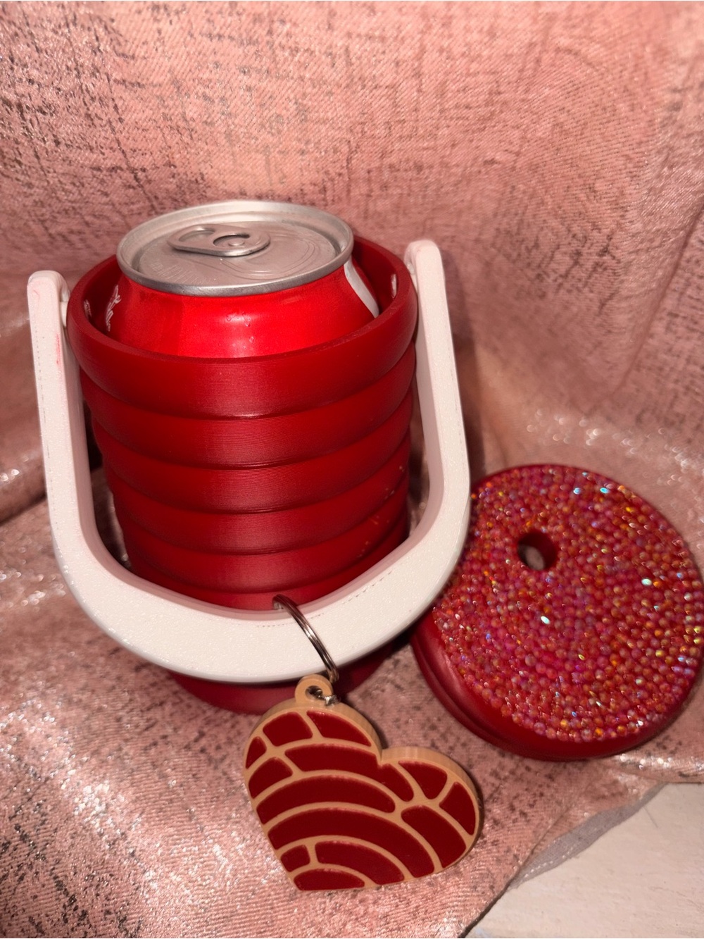 Red Collapsible Can Cooler with Heart Keychain